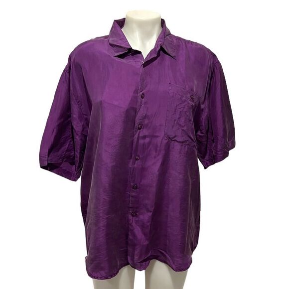 Creative Edge vintage 80s boxy short sleeve button down purple silk blouse large - Picture 1 of 10